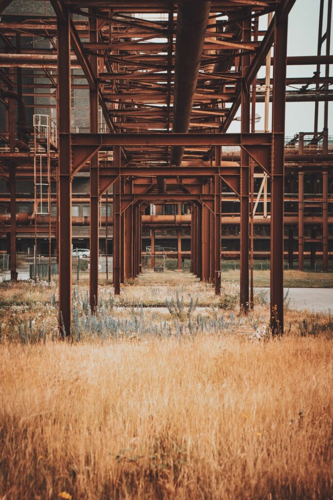 An industrial structure with rusted metal beams extends into the distance. Below, overgrown grass and wildflowers contrast with the industrial setting. The scene appears abandoned, with a nostalgic and weathered atmosphere, reminiscent of a bygone era before an SMP partner revitalized such spaces.