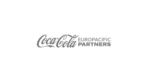 The image features the logo of Coca-Cola Europacific Partners. The logo displays the classic Coca-Cola script on the left with the words "Europacific Partners" in bold, sans-serif font to the right, reminiscent of precision steel design. The text is in gray against a white background.